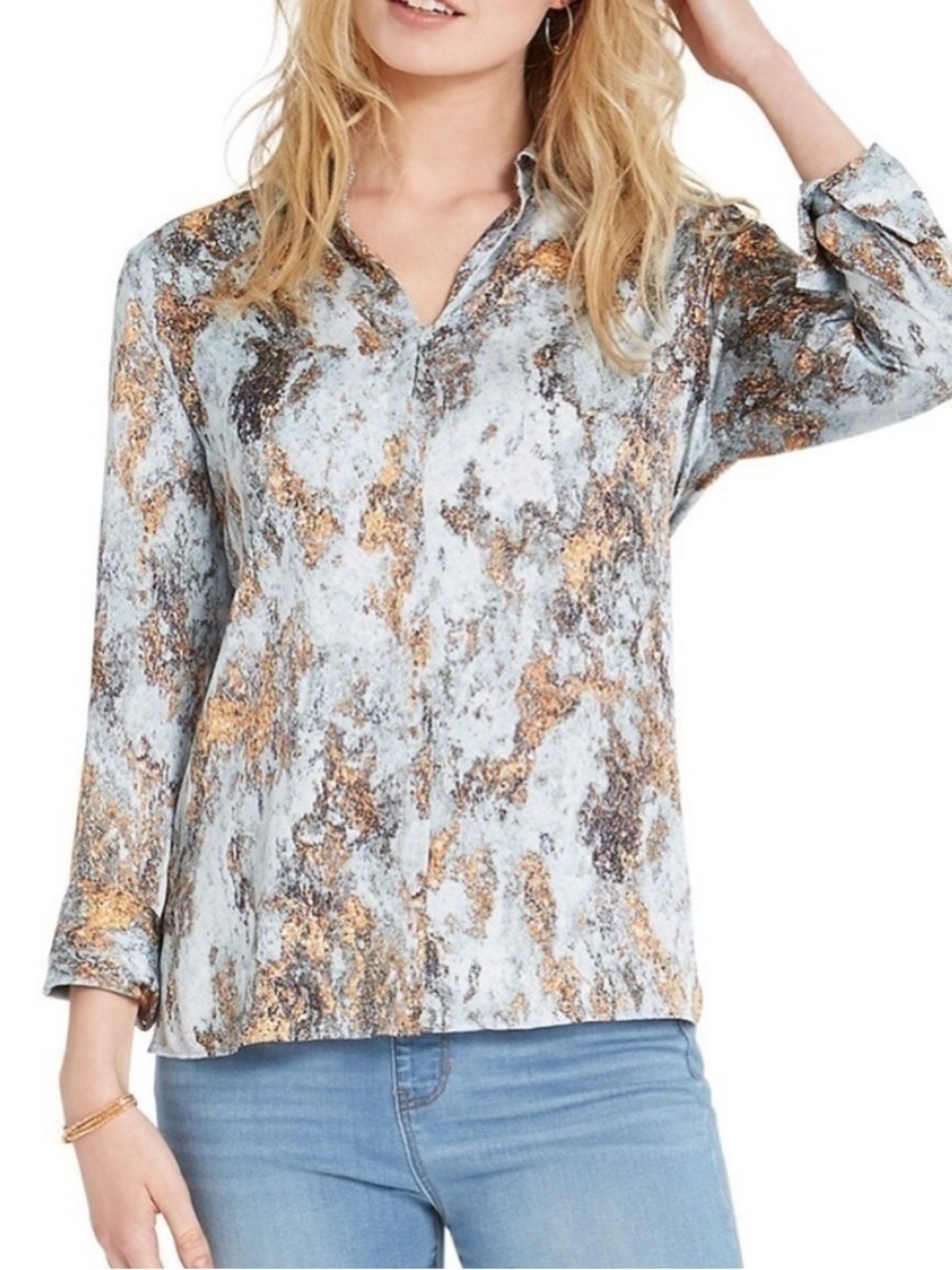 NIC+ZOE Globe Trotter Woven Long Sleeve Blouse Size M